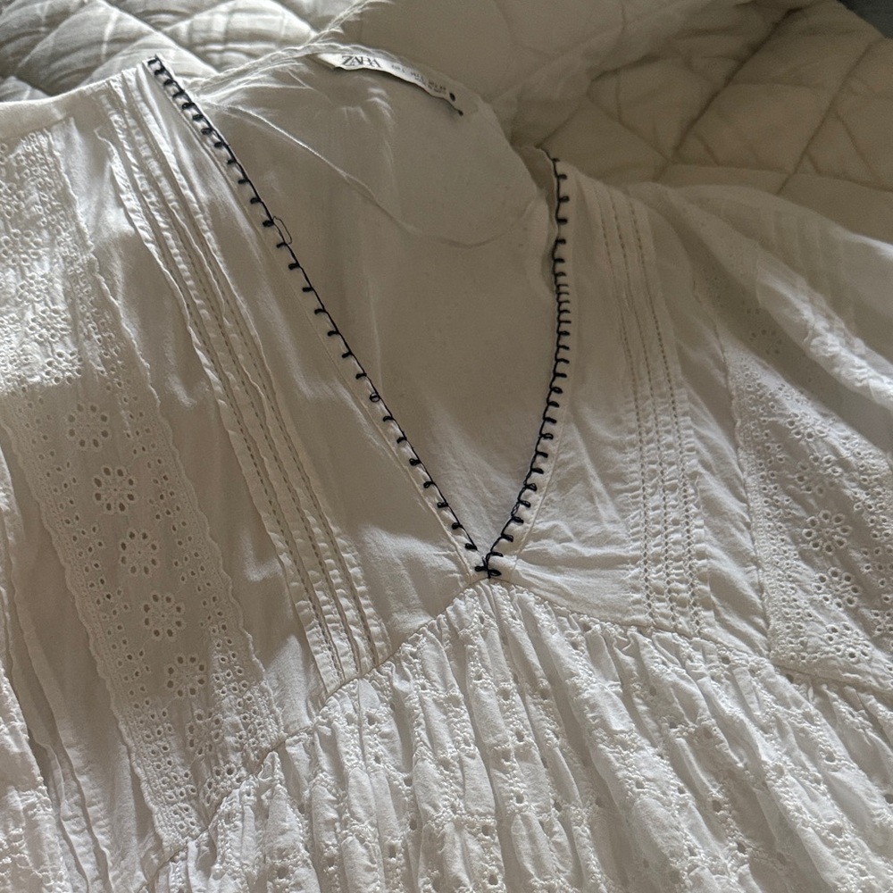 Zara White Long Sleeve Dress with Black Trim